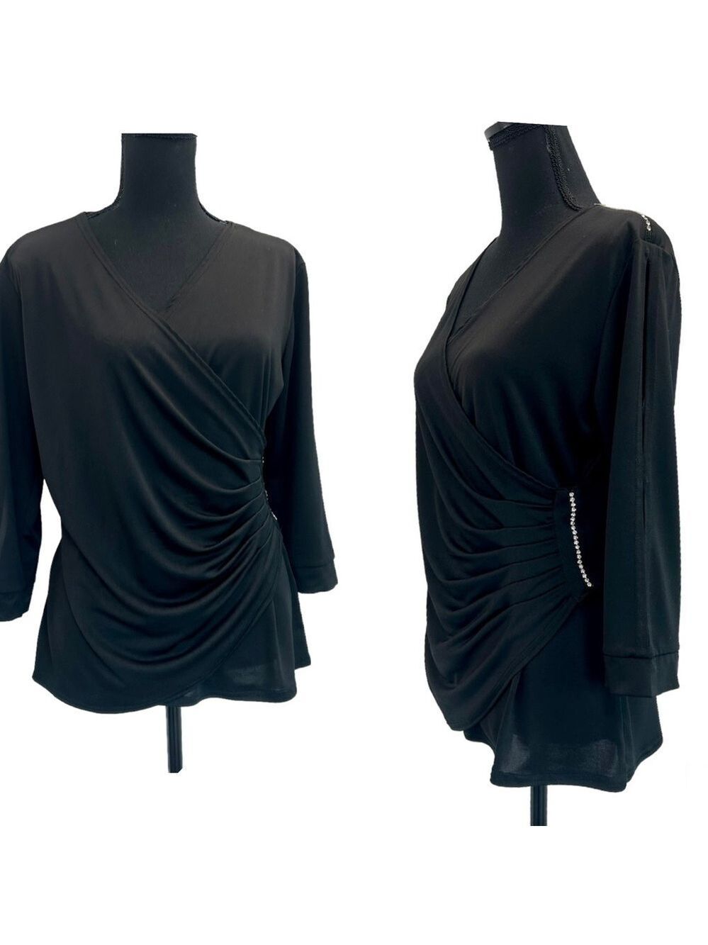 Nwd New Woman Design black rhinestone faux wrap ruched blouse Sz L